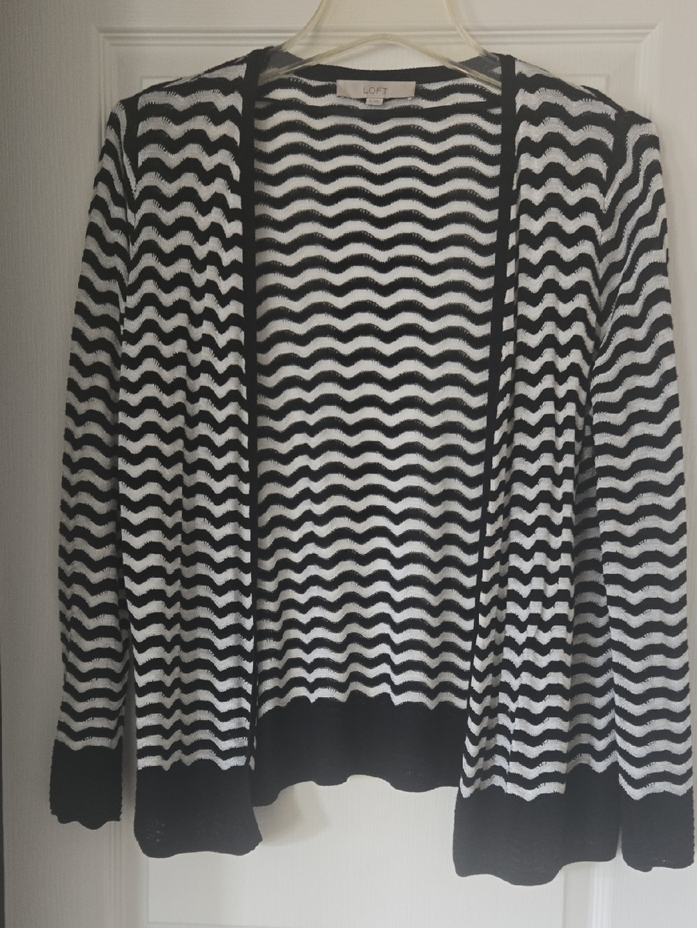 LOFT Black & White Wavy-Stripe Open Cardigan